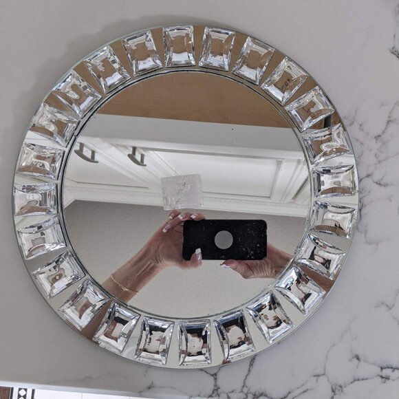 one 13" Round Mirror glass Charger Plate CrystalRim Wedding Jewelry Serving Tray - Picture 5 of 7